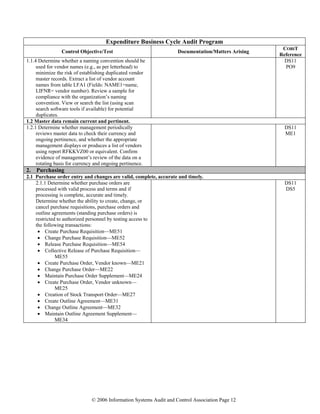 © 2006 Information Systems Audit and Control Association Page 12
Expenditure Business Cycle Audit Program
Control Objective/Test Documentation/Matters Arising
COBIT
Reference
1.1.4 Determine whether a naming convention should be
used for vendor names (e.g., as per letterhead) to
minimize the risk of establishing duplicated vendor
master records. Extract a list of vendor account
names from table LFA1 (Fields: NAME1=name,
LIFNR= vendor number). Review a sample for
compliance with the organization’s naming
convention. View or search the list (using scan
search software tools if available) for potential
duplicates.
DS11
PO9
1.2 Master data remain current and pertinent.
1.2.1 Determine whether management periodically
reviews master data to check their currency and
ongoing pertinence, and whether the appropriate
management displays or produces a list of vendors
using report RFKKVZ00 or equivalent. Confirm
evidence of management’s review of the data on a
rotating basis for currency and ongoing pertinence.
DS11
ME1
2. Purchasing
2.1 Purchase order entry and changes are valid, complete, accurate and timely.
2.1.1 Determine whether purchase orders are
processed with valid process and terms and if
processing is complete, accurate and timely.
Determine whether the ability to create, change, or
cancel purchase requisitions, purchase orders and
outline agreements (standing purchase orders) is
restricted to authorized personnel by testing access to
the following transactions:
• Create Purchase Requisition—ME51
• Change Purchase Requisition—ME52
• Release Purchase Requisition—ME54
• Collective Release of Purchase Requisition—
ME55
• Create Purchase Order, Vendor known—ME21
• Change Purchase Order—ME22
• Maintain Purchase Order Supplement—ME24
• Create Purchase Order, Vendor unknown—
ME25
• Creation of Stock Transport Order—ME27
• Create Outline Agreement—ME31
• Change Outline Agreement—ME32
• Maintain Outline Agreement Supplement—
ME34
DS11
DS5
 