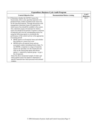 © 2006 Information Systems Audit and Control Association Page 13
Expenditure Business Cycle Audit Program
Control Objective/Test Documentation/Matters Arising
COBIT
Reference
2.1.2 Determine whether the SAP R/3 source list
functionality allows only specified materials to be
purchased from vendors included in the source list
for the specified material. Through discussions with
management, determine (types of) materials for
which source lists should be available in the system.
Also, determine (types of) materials for which a
source list should not be present. Examine a selection
of materials and view the corresponding source list
using the following reports to corroborate the
performance of the control activity in the appropriate
accounting period:
• ME06 reports on all material items and whether
they belong to a source list or not
• ME0M shows all material items and any
associated vendors (including historic data). To
run ME0M, a material or a range of materials
needs to be specified. Use the matchcode and
click on the search help option and choose
option J—material by material group—to get a
list of materials.
Select the above-mentioned sample of orders and
check against source list reports to determine if
specific materials have been procured with unlisted
vendors.
DS11
 
