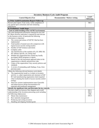 © 2006 Information Systems Audit and Control Association Page 19
Inventory Business Cycle Audit Program
Control Objective/Test Documentation / Matters Arising
COBIT
Reference
A. Prior Audit/Examination Report Follow-up
Review prior report, if one exists, verify completion of
any agreed upon corrections and note remaining
deficiencies
ME1
B. Preliminary Audit Steps
Gain an understanding of the SAP R/3 environment.
The same background information obtained for the SAP
R/3 Basis Security audit plan is required for and relevant
to the business cycles. In particular the following
information is important:
• The version and release of SAP R/3 that has been
implemented
• Total number of named users (for comparison with
logical access security testing results)
• Number of SAP instances and clients
• Company codes
• The identification of the modules (FI, CO, MM, SD,
PP, industry-specific, etc.) being used
• Whether the organization has created any locally
developed ABAP programs or reports
• Details of the risk assessment approach taken in the
organization to identify and prioritize risks
• Copies of the organization’s key security policies and
standards
• A review of outstanding audit findings, if any, from
previous years
PO2
PO3
PO4
PO6
PO9
DS2
DS5
AI2
AI6
ME2
Obtain the following relevant business cycle details:
• The organizational model as it relates to inventory
activity, i.e., plant organization unit structure in SAP
R/3 and manufacturing organization chart (required
when evaluating the results of access security control
testing)
• Interview systems implementation team if possible
and obtain process design documentation for
materials and warehouse management
PO4
AI4
Identify the significant risks and determine the key controls.
Develop a high-level process flow diagram and overall
understanding of the inventory processing cycle including
the following subprocesses:
• Master data maintenance
• Raw materials management
• Producing and costing inventory
• Handling and shipping finished goods
DS11
DS12
DS6
DS13
 