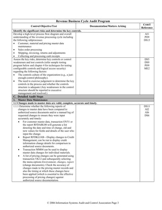 © 2006 Information Systems Audit and Control Association Page 3
Revenue Business Cycle Audit Program
Control Objective/Test Documentation/Matters Arising
COBIT
Reference
Identify the significant risks and determine the key controls.
Develop a high-level process flow diagram and overall
understanding of the revenue processing cycle including
the following subprocesses:
• Customer, material and pricing master data
maintenance
• Sales order processing
• Shipping, invoicing, returns and adjustments
• Collecting and processing cash receipts
AI1
PO9
DS13
Assess the key risks, determine key controls or control
weaknesses and test controls (refer sample testing
program below and chapter 4 for techniques for testing
configurable controls and logical access security)
regarding the following factors:
• The controls culture of the organization (e.g., a just-
enough-control philosophy).
• The need to exercise judgement to determine the key
controls in the process and whether the controls
structure is adequate (Any weaknesses in the control
structure should be reported to executive
management and resolved.)
DS5
DS9
PO9
ME2
C. Detailed Audit Steps
1. Master Data Maintenance
1.1 Changes made to master data are valid, complete, accurate and timely.
1.1.1 Determine whether the following reports of
changes to master data have been compared to
authorized source documents and/or a manual log of
requested changes to ensure they were input
accurately and timely:
• For customer master data, transaction OV51 or
the report RFDABL00 will generate a list
denoting the date and time of change, old and
new values for fields and details of the user who
input the change.
• Report RFDKLIAB—Display changes to Credit
Management; can be run to display credit
information change details for comparison to
authorized source documents.
• Transaction MM04 can be used to display
master data changes for individual materials.
• A list of pricing changes can be generated using
transaction VK12 and subsequently selecting
the menu-options Environment, changes, report
(change documents). Check the accuracy of
changes made to the pricing master records and
also the timing at which these changes have
been applied (which is essential to the effective
processing of pricing changes) against
authorized source documentation.
DS11
AI2
AI6
DS6
 