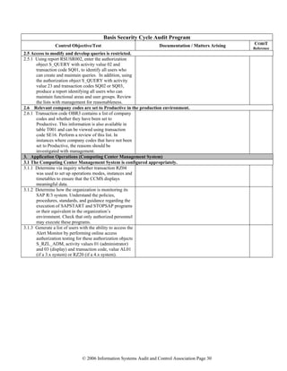 © 2006 Information Systems Audit and Control Association Page 30
Basis Security Cycle Audit Program
Control Objective/Test Documentation / Matters Arising COBIT
Reference
2.5 Access to modify and develop queries is restricted.
2.5.1 Using report RSUSR002, enter the authorization
object S_QUERY with activity value 02 and
transaction code SQ01, to identify all users who
can create and maintain queries. In addition, using
the authorization object S_QUERY with activity
value 23 and transaction codes SQ02 or SQ03,
produce a report identifying all users who can
maintain functional areas and user groups. Review
the lists with management for reasonableness.
2.6 Relevant company codes are set to Productive in the production environment.
2.6.1 Transaction code OBR3 contains a list of company
codes and whether they have been set to
Productive. This information is also available in
table T001 and can be viewed using transaction
code SE16. Perform a review of this list. In
instances where company codes that have not been
set to Productive, the reasons should be
investigated with management.
3. Application Operations (Computing Center Management System)
3.1 The Computing Center Management System is configured appropriately.
3.1.1 Determine via inquiry whether transaction RZ04
was used to set up operations modes, instances and
timetables to ensure that the CCMS displays
meaningful data.
3.1.2 Determine how the organization is monitoring its
SAP R/3 system. Understand the policies,
procedures, standards, and guidance regarding the
execution of SAPSTART and STOPSAP programs
or their equivalent in the organization’s
environment. Check that only authorized personnel
may execute these programs.
3.1.3 Generate a list of users with the ability to access the
Alert Monitor by performing online access
authorization testing for these authorization objects
S_RZL_ADM, activity values 01 (administrator)
and 03 (display) and transaction code, value AL01
(if a 3.x system) or RZ20 (if a 4.x system).
 