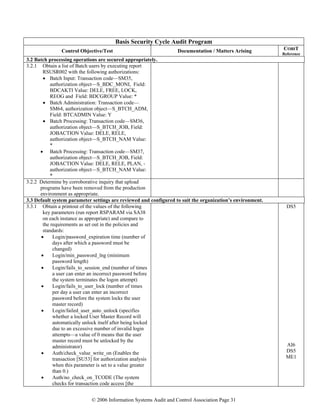© 2006 Information Systems Audit and Control Association Page 31
Basis Security Cycle Audit Program
Control Objective/Test Documentation / Matters Arising COBIT
Reference
3.2 Batch processing operations are secured appropriately.
3.2.1 Obtain a list of Batch users by executing report
RSUSR002 with the following authorizations:
• Batch Input: Transaction code—SM35,
authorization object—S_BDC_MONI, Field:
BDCAKTI Value: DELE, FREE, LOCK,
REOG and Field: BDCGROUP Value: *
• Batch Administration: Transaction code—
SM64, authorization object—S_BTCH_ADM,
Field: BTCADMIN Value: Y
• Batch Processing: Transaction code—SM36,
authorization object—S_BTCH_JOB, Field:
JOBACTION Value: DELE, RELE,
authorization object—S_BTCH_NAM Value:
*
• Batch Processing: Transaction code—SM37,
authorization object—S_BTCH_JOB, Field:
JOBACTION Value: DELE, RELE, PLAN, -
authorization object—S_BTCH_NAM Value:
*
3.2.2 Determine by corroborative inquiry that upload
programs have been removed from the production
environment as appropriate.
3.3 Default system parameter settings are reviewed and configured to suit the organization’s environment.
3.3.1 Obtain a printout of the values of the following
key parameters (run report RSPARAM via SA38
on each instance as appropriate) and compare to
the requirements as set out in the policies and
standards:
• Login/password_expiration time (number of
days after which a password must be
changed)
• Login/min_password_lng (minimum
password length)
• Login/fails_to_session_end (number of times
a user can enter an incorrect password before
the system terminates the logon attempt)
• Login/fails_to_user_lock (number of times
per day a user can enter an incorrect
password before the system locks the user
master record)
• Login/failed_user_auto_unlock (specifies
whether a locked User Master Record will
automatically unlock itself after being locked
due to an excessive number of invalid login
attempts—a value of 0 means that the user
master record must be unlocked by the
administrator)
• Auth/check_value_write_on (Enables the
transaction [SU53] for authorization analysis
when this parameter is set to a value greater
than 0.)
• Auth/no_check_on_TCODE (The system
checks for transaction code access [the
DS5
AI6
DS5
ME1
 