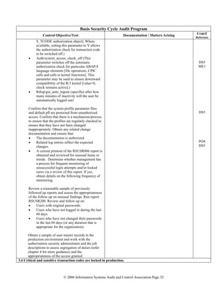 © 2006 Information Systems Audit and Control Association Page 32
Basis Security Cycle Audit Program
Control Objective/Test Documentation / Matters Arising COBIT
Reference
S_TCODE authorization object]. Where
available, setting this parameter to Y allows
the authorization check for transaction code
to be switched off.)
• Auth/system_access_check_off (This
parameter switches off the automatic
authorization check for particular ABAP/4
language elements [file operations, CPIC
calls and calls to kernel functions]. This
parameter may be used to ensure downward
compatibility of the R/3 kernel [value=0,
check remains active].)
• Rdisp/gui_auto_logout (specifies after how
many minutes of inactivity will the user be
automatically logged out)
Confirm that the system profile parameter files
and default.pfl are protected from unauthorized
access. Confirm that there is a mechanism/process
to ensure that the profiles are regularly checked to
ensure that they have not been changed
inappropriately. Obtain any related change
documentation and ensure that:
• The documentation is authorized.
• Related log entries reflect the expected
changes.
• A current printout of the RSUSR006 report is
obtained and reviewed for unusual items or
trends. Determine whether management has
a process for frequent monitoring of
unsuccessful login attempts and/or locked
users via a review of this report. If yes,
obtain details on the following frequency of
monitoring.
Review a reasonable sample of previously
followed up reports and assess the appropriateness
of the follow-up on unusual findings. Run report
RSUSR200. Review and follow up on:
• Users with original passwords.
• Users who have not logged in during the last
60 days
• Users who have not changed their passwords
in the last 60 days (or any duration that is
appropriate for the organization).
Obtain a sample of user master records in the
production environment and work with the
authorization security administrator and the job
descriptions to assess segregation of duties (refer
chapter 4 for more guidance) and the
appropriateness of the access granted.
DS5
ME1
DS5
PO4
DS5
3.4 Critical and sensitive transaction codes are locked in production.
 