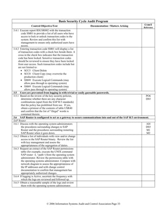 © 2006 Information Systems Audit and Control Association Page 33
Basis Security Cycle Audit Program
Control Objective/Test Documentation / Matters Arising COBIT
Reference
3.4.1 Execute report RSUSR002 with the transaction
code SM01 to provide a list of all users who have
access to lock or unlock transaction codes in the
system. Review and confirm this list with
management to ensure only authorized users have
access.
3.4.2 Entering transaction code SM01 will display a list
of transaction codes with a check box beside them. A
cross in the check box indicates that the transaction
code has been locked. Sensitive transaction codes
should be reviewed to ensure they have been locked
from user access. Such transaction codes include but
are not limited to:
• SCC5 Client Delete
• SCC0 Client Copy (may overwrite the
production client)
• SM49 Execute Logical Commands (may
allow pass through to operating system)
• SM69 Execute Logical Commands (may
allow pass through to operating system).
3.5 Users are prevented from logging in with trivial or easily guessable passwords.
3.5.1 Based on the review of the key security policies,
determine whether there are any character
combinations (apart from the SAP R/3 standards)
that the policy has prohibited from use. If yes,
obtain a printout of the contents of table USR40
and confirm that the list of “illegal” words is
contained therein.
PO6
DS5
3.6 SAP Router is configured to act as a gateway to secure communications into and out of the SAP R/3 environment.
SAP Router
3.6.1 Discuss with the operating system administrators
the procedures surrounding changes to SAP
Router and the procedures surrounding restarting
SAP Router when it goes down.
AI4
DS5
M1
M2
3.6.2 Obtain a list of individuals with view and/or change
access to the SAP Router binary. Review the list
with key management and assess the
appropriateness of the segregation of duties.
3.6.3 Request an extract of the SAP Router permissions
table (for example, execute the UNIX command
SAP router –L <path>) from the operating system
administrator. Review the permissions table with
the operating systems administrator. Compare with
network diagram to assess the appropriateness of
the IP addresses and with change control
documentation to confirm that management has
appropriately authorized changes.
3.6.4 If logging is Active, ascertain the frequency with
which the logs are reviewed and followed up.
3.6.5 Obtain a reasonable sample of the logs and review
them with the operating systems administrator.
 