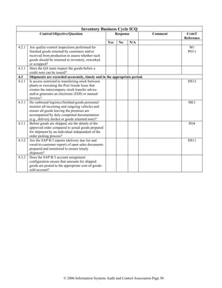 © 2006 Information Systems Audit and Control Association Page 50
Inventory Business Cycle ICQ
Response Comment COBIT
Reference
Control Objective/Question
Yes No N/A
4.2.1 Are quality-control inspections performed for
finished goods returned by customers and/or
received from production to assess whether such
goods should be returned to inventory, reworked
or scrapped?
M1
PO11
4.2.1 Does the QA team inspect the goods before a
credit note can be issued?
4.3 Shipments are recorded accurately, timely and in the appropriate period.
4.3.1 Is access restricted to transferring stock between
plants or executing the Post Goods Issue that
creates the intercompany stock transfer advice
and/or generates an electronic (EDI) or manual
invoice?
DS12
4.3.1 Do outbound logistics/finished goods personnel
monitor all incoming and outgoing vehicles and
ensure all goods leaving the premises are
accompanied by duly completed documentation
(e.g., delivery docket or goods returned note)?
ME1
4.3.1 Before goods are shipped, are the details of the
approved order compared to actual goods prepared
for shipment by an individual independent of the
order picking process?
PO4
4.3.2 Are the SAP R/3 reports (delivery due list and
owed-to-customer report) of open sales documents
prepared and monitored to ensure timely
shipment?
DS11
4.3.2 Does the SAP R/3 account assignment
configuration ensure that amounts for shipped
goods are posted to the appropriate cost-of-goods-
sold account?
 