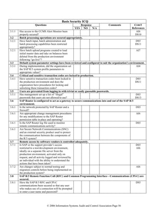 © 2006 Information Systems Audit and Control Association Page 56
Basis Security ICQ
ResponseQuestions
YES NO N/A
Comments COBIT
References
3.1.1 Has access to the CCMS Alert Monitor been
properly secured?
AI6
DS10
3.2 Batch processing operations are secured appropriately.
3.2.1 Have batch input, batch administration and
batch processing capabilities been restricted
appropriately?
DS5
DS11
3.2.1 Have batch upload programs created to load
initial master data and take on balances been
deleted from the production environment
following “go-live”?
AI7
3.3 Default system parameter settings have been reviewed and configured to suit the organization’s environment.
3.3.1 During implementation, did the organization set
the SAP R/3 system profile parameters to
appropriate values?
AI4
3.4 Critical and sensitive transaction codes are locked in production.
3.4.1 Have sensitive transaction codes been locked in
the production environment and does the
organization have procedures for locking and
unlocking these transaction codes?
DS5
DS11
3.5 Users are prevented from logging in with trivial or easily guessable passwords.
3.5.1 Has management set up a list of “illegal”
passwords that users are not allowed to use?
DS5
DS13
3.6 SAP Router is configured to act as a gateway to secure communications into and out of the SAP R/3
environment.
3.6.1 Is the network protected by SAP Router and a
firewall?
DS5
3.6.1 Are appropriate change management procedures
for any modifications to the SAP Router
permission table in place and operating?
AI6
3.6.1 Is the SAP Router log file used to monitor
remote communications activity?
DS5
3.6.1 Are Secure Network Communications (SNC)
and an external security product used to protect
the communication between the components of
the R/3 system?
3.7 Remote access by software vendors is controlled adequately.
3.7.1 Is SAP or the support provider’s access
restricted to a test/development environment,
ideally on a separate file server from the
production environment, activated only on
request, and all activity logged and reviewed by
an individual with the ability to understand the
actions that have been taken?
DS5
AI6
3.7.2 Are changes subject to normal testing and
migration controls before being implemented on
the production system?
AI6
3.8 SAP R/3 Remote Function Call (RFC) and Common Programming Interface—Communications (CPI-C) are
secured.
3.8.1 Have the SAP R/3 RFC and CPI-C
communications been secured so that any user
who makes use of a connection will be prompted
to enter a user name and password?
DS5
 