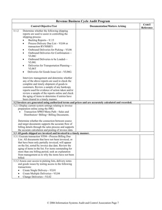 © 2006 Information Systems Audit and Control Association Page 7
Revenue Business Cycle Audit Program
Control Objective/Test Documentation/Matters Arising
COBIT
Reference
3.1.2 Determine whether the following shipping
reports are used to assist in controlling the
shipping process:
• Backlog Reports—V.15
• Process Delivery Due List – VL04 or
transaction RV50SBT1
• Outbound Deliveries for Picking—VL06
• Outbound Deliveries for Confirmation—
VL06C
• Outbound Deliveries to be Loaded—
VL06L
• Deliveries for Transportation Planning—
VL06T
• Deliveries for Goods Issue List—VL06G
Interview management and determine whether
any of the above reports are used to check the
complete and timely shipment of goods to
customers. Review a sample of any hardcopy
reports used for evidence of action taken and/or
review a sample of the reports online and check
the aging of items to determine if entries have
been cleared in a timely manner.
3.2 Invoices are generated using authorized terms and prices and are accurately calculated and recorded.
3.2.1 Display current system settings relating to invoice
preparation online using the IMG:
• Transaction SPRO Menu Path—Sales and
Distribution> Billing> Billing Documents.
Determine whether the connection between source
and target documents supports the accurate flow of
billing details through the sales process and supports
the accurate calculation and posting of invoice data.
3.3 All goods shipped are invoiced and invoiced in a timely manner.
3.3.1 Execute transaction VF04—Process Billing Due
List. All documents that have not been invoiced, or
that have been only partially invoiced, will appear
on the list, sorted by invoice due date. Review the
aging of items in the list. For items outstanding for
more than one billing period, seek an explanation
from management as to why the items have not been
billed.
3.3.2 Assess user access to picking lists, delivery notes
and goods issues by testing access to the following
transactions:
• Create Single Delivery—VL01
• Create Multiple Deliveries—VL04
• Change Deliveries—VL02
 