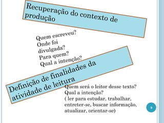 Quem será o leitor desse texto?
Qual a intenção?
( ler para estudar, trabalhar,
entreter-se, buscar informação,
atualizar, orientar-se)
9
 