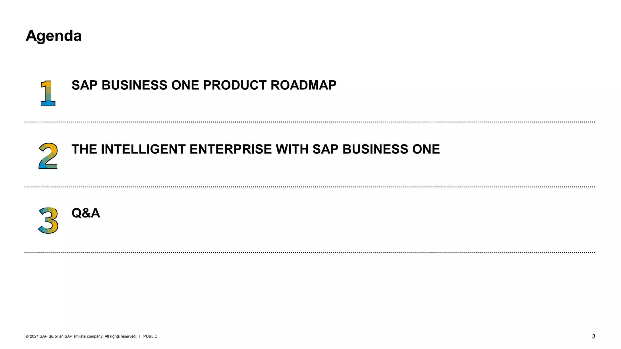 3
PUBLIC
© 2021 SAP SE or an SAP affiliate company. All rights reserved. ǀ
Q&A
THE INTELLIGENT ENTERPRISE WITH SAP BUSINESS ONE
SAP BUSINESS ONE PRODUCT ROADMAP
Agenda
 