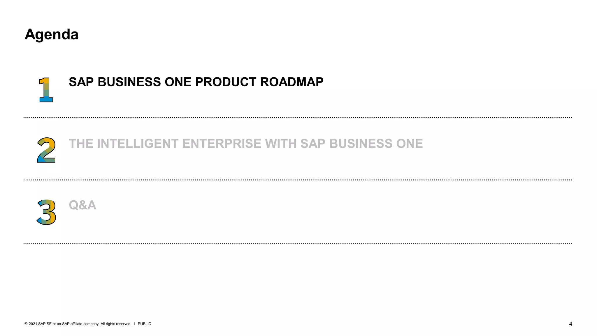 4
PUBLIC
© 2021 SAP SE or an SAP affiliate company. All rights reserved. ǀ
Q&A
THE INTELLIGENT ENTERPRISE WITH SAP BUSINESS ONE
SAP BUSINESS ONE PRODUCT ROADMAP
Agenda
 