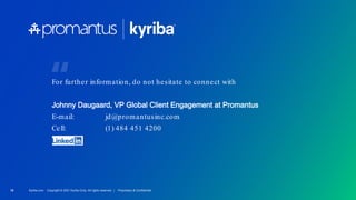 Kyriba.com Copyright © 2021 Kyriba Corp. All rights reserved. | Proprietary & Confidential
19
For further information, do not hesitate to connect with
Johnny Daugaard, VP Global Client Engagement at Promantus
E-mail: jd@promantusinc.com
Cell: (1) 484 451 4200
 