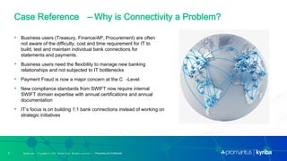 Kyriba.com Copyright © 2021 Kyriba Corp. All rights reserved. | Proprietary & Confidential
Kyriba.com Copyright © 2021 Kyriba Corp. All rights reserved. | Proprietary & Confidential
7
7
• Business users (Treasury, Finance/AP, Procurement) are often
not aware of the difficulty, cost and time requirement for IT to
build, test and maintain individual bank connections for
statements and payments.
• Business users need the flexibility to manage new banking
relationships and not subjected to IT bottlenecks
• Payment Fraud is now a major concern at the C -Level.
• New compliance standards from SWIFT now require internal
SWIFT domain expertise with annual certifications and annual
documentation
• IT’s focus is on building 1:1 bank connections instead of working on
strategic initiatives
Case Reference – Why is Connectivity a Problem?
 
