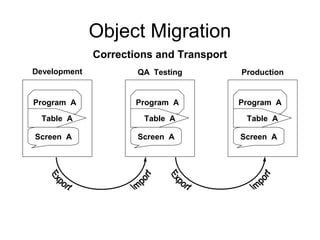 Object Migration
Program A
Table A
Screen A
Program A
Table A
Screen A
Program A
Table A
Screen A
Development QA Testing Production
Corrections and Transport
 