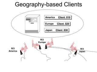 Geography-based Clients
R/3
America
R/3
Europe
R/3
Japan
America Client 010America Client 010
Japan Client 030Japan Client 030
Europe Client 020Europe Client 020
 