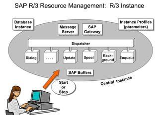 SAP R/3 Resource Management: R/3 Instance
Dialog . . . . Update Spool
Back-
ground
Enqueue
Dispatcher
Database
Instance
Database
Instance Message
Server
Message
Server
SAP
Gateway
SAP
Gateway
Instance Profiles
(parameters)
Instance Profiles
(parameters)
SAP BuffersSAP Buffers
Start
or
Stop
Start
or
Stop
Central Instance
 