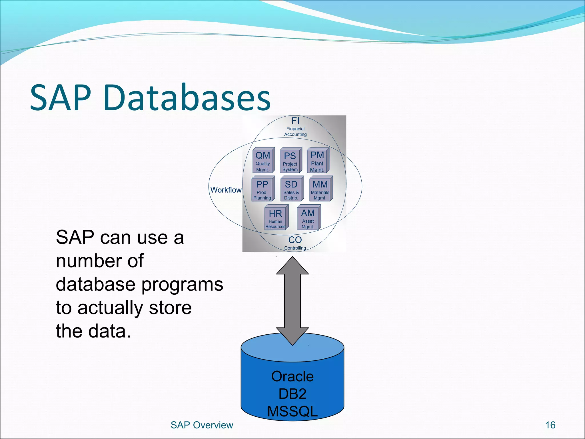 SAP Databases
SAP Overview 16
Oracle
DB2
MSSQL
SAP can use a
number of
database programs
to actually store
the data.
FI
Financial
Accounting
CO
Controlling
Workflow
PP
Prod.
Planning
SD
Sales &
Distrib.
MM
Materials
Mgmt.
QM
Quality
Mgmt.
PM
Plant
Maint.
HR
Human
Resources
AM
Asset
Mgmt.
PS
Project
System
FI
Financial
Accounting
CO
Controlling
Workflow
PP
Prod.
Planning
SD
Sales &
Distrib.
MM
Materials
Mgmt.
QM
Quality
Mgmt.
PM
Plant
Maint.
HR
Human
Resources
AM
Asset
Mgmt.
PS
Project
System
 