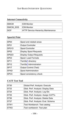 SAP BASIS I NTERVIEW QUESTIONS

_____________________________________________

Internet Connectivity

SMICM             ICM Monitor
SMICM_SOS         ICM Monitor
SICF              HTTP Service Hierarchy Maintenance


Spool & Print

SP00            Spool and related areas
SP01            Output Controller
SP01O           Spool Controller
SP02            Display Spool Requests
SP02O           Display Output Requests
SP03            Spool: Load Formats
SP11            TemSe? directory
SP12            TemSe? Administration
SP1T            Output Control (Test)
SPAD            Spool Administration
SPCC            Spool consistency check


CATT Test Tool

ST30               Global Perf. Analysis: Execute
ST33               Glob. Perf. Analysis: Display Data
ST34               Glob. Perf. Analysis: Log IDs
ST35               Glob. Perf. Analysis: Assign CATTs
ST36               Glob. Perf. Analysis: Delete Data
ST37               Glob. Perf. Analysis: Eval. Schema
STW1               Test Workbench: Test catalog
STW2               Test workbench: Test plan


                            - 104 -
 