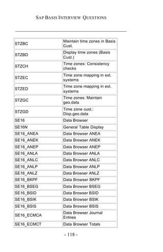SAP BASIS I NTERVIEW QUESTIONS

_____________________________________________

                   Maintain time zones in Basis
STZBC
                   Cust.
                   Display time zones (Basis
STZBD
                   Cust.)
                   Time zones: Consistency
STZCH
                   checks
                   Time zone mapping in ext.
STZEC
                   systems
                   Time zone mapping in ext.
STZED
                   systems
                   Time zones: Maintain
STZGC
                   geo.data
                   Time zone cust.:
STZGD
                   Disp.geo.data
SE16               Data Browser
SE16N              General Table Display
SE16_ANEA          Data Browser ANEA
SE16_ANEK          Data Browser ANEK
SE16_ANEP          Data Browser ANEP
SE16_ANLA          Data Browser ANLA
SE16_ANLC          Data Browser ANLC
SE16_ANLP          Data Browser ANLP
SE16_ANLZ          Data Browser ANLZ
SE16_BKPF          Data Browser BKPF
SE16_BSEG          Data Browser BSEG
SE16_BSID          Data Browser BSID
SE16_BSIK          Data Browser BSIK
SE16_BSIS          Data Browser BSIS
                   Data Browser Journal
SE16_ECMCA
                   Entries
SE16_ECMCT         Data Browser Totals

                    - 118 -
 