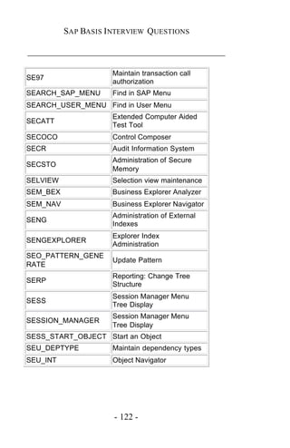 SAP BASIS I NTERVIEW QUESTIONS

_____________________________________________

                     Maintain transaction call
SE97
                     authorization
SEARCH_SAP_MENU      Find in SAP Menu
SEARCH_USER_MENU Find in User Menu
                     Extended Computer Aided
SECATT
                     Test Tool
SECOCO               Control Composer
SECR                 Audit Information System
                     Administration of Secure
SECSTO
                     Memory
SELVIEW              Selection view maintenance
SEM_BEX              Business Explorer Analyzer
SEM_NAV              Business Explorer Navigator
                     Administration of External
SENG
                     Indexes
                     Explorer Index
SENGEXPLORER
                     Administration
SEO_PATTERN_GENE
                     Update Pattern
RATE
                     Reporting: Change Tree
SERP
                     Structure
                     Session Manager Menu
SESS
                     Tree Display
                     Session Manager Menu
SESSION_MANAGER
                     Tree Display
SESS_START_OBJECT Start an Object
SEU_DEPTYPE          Maintain dependency types
SEU_INT              Object Navigator




                      - 122 -
 