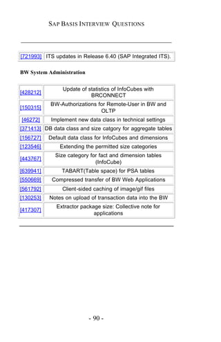 SAP BASIS I NTERVIEW QUESTIONS

_____________________________________________

[721993] ITS updates in Release 6.40 (SAP Integrated ITS).

BW System Administration


                Update of statistics of InfoCubes with
[428212]
                           BRCONNECT
            BW-Authorizations for Remote-User in BW and
[150315]
                               OLTP
[46272]     Implement new data class in technical settings
[371413] DB data class and size catgory for aggregate tables
[156727]   Default data class for InfoCubes and dimensions
[123546]       Extending the permitted size categories
             Size category for fact and dimension tables
[443767]
                             (InfoCube)
[639941]        TABART(Table space) for PSA tables
[550669]    Compressed transfer of BW Web Applications
[561792]        Client -sided caching of image/gif files
[130253]   Notes on upload of transaction data into the BW
              Extractor package size: Collective note for
[417307]
                             applications




                           - 90 -
 