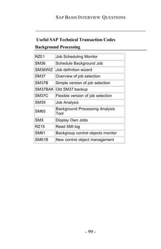 SAP BASIS I NTERVIEW QUESTIONS

_____________________________________________

Useful SAP Technical Transaction Codes
Background Processing

RZ0 1     Job Scheduling Monitor
SM36      Schedule Background Job
SM36WIZ Job definition wizard
SM37      Overview of job selection
SM37B     Simple version of job selection
SM37BAK Old SM37 backup
SM37C     Flexible version of job selection
SM39      Job Analysis
          Background Processing Analysis
SM65
          Tool
SMX       Display Own Jobs
RZ15      Read XMI log
SM61      Backgroup control objects monitor
SM61B     New control object management




                           - 99 -
 