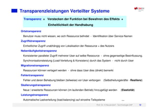 Prof. Dr. H.Neuendorf - Technologie SAP 12
Transparenzleistungen Verteilter Systeme
Transparenz = Verstecken der Funktion bei Bewahren des Effekts +
Einheitlichkeit der Handhabung
Ortstransparenz
Benutzer muss nicht wissen, wo sich Ressource befindet - Identifikation über Service-Namen
Zugriffstransparenz
Einheitlicher Zugriff unabhängig von Lokalisation der Ressource + des Nutzers
Nebenläufigkeitstransparenz
Konsistenter paralleler Zugriff mehrerer User auf selbe Ressource - ohne gegenseitige Beeinflussung.
Synchronisationsleistung (Load-Verteilung & Konsistenz) durch das System - nicht durch User
Migrationstransparenz
Ressourcen können verlagert werden - ohne dass User dies (direkt) bemerkt
Fehlertransparenz
Fehler und deren Behebung bleiben (teilweise) vor User verborgen (Selbstheilungskräfte - Resilienz)
Skalierungstransparenz
Neue / erweiterte Ressourcen können (im laufenden Betrieb) hinzugefügt werden (Elastizität)
Leistungstransparenz
Automatische Lastverteilung (load balancing) auf einzelne Teilsysteme …
 