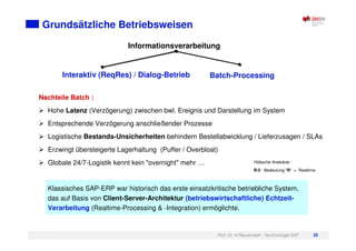 Prof. Dr. H.Neuendorf - Technologie SAP 35
Grundsätzliche Betriebsweisen
Nachteile Batch :
Hohe Latenz (Verzögerung) zwischen bwl. Ereignis und Darstellung im System
Entsprechende Verzögerung anschließender Prozesse
Logistische Bestands-Unsicherheiten behindern Bestellabwicklung / Lieferzusagen / SLAs
Erzwingt übersteigerte Lagerhaltung (Puffer / Overbloat)
Globale 24/7-Logistik kennt kein "overnight" mehr …
Klassisches SAP-ERP war historisch das erste einsatzkritische betriebliche System,
das auf Basis von Client-Server-Architektur (betriebswirtschaftliche) Echtzeit-
Verarbeitung (Realtime-Processing & -Integration) ermöglichte.
Informationsverarbeitung
Interaktiv (ReqRes) / Dialog-Betrieb Batch-Processing
Hübsche Anekdote :
R/3 - Bedeutung "R" = Realtime
 