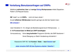 Prof. Dr. H.Neuendorf - Technologie SAP 45
Verteilung Benutzeranfragen auf DWPs
User-Interaktion 5 -10 x länger als Bearbeitungszeit durch Workprozess
5 -10 Frontend-User im Mittel pro DWP bewältigbar
Vorraussetzung : Keine lang laufenden Programm-Schritte, die DWP blockieren !
Sonst Übergang zur Batch-Verabeitung erforderlich !
Klassischer SAP AS hält Kontext / State - baut Session auf
Jeder einzelne SAP-AS des Systems arbeitet Statetful !
Abbildung zahlreicher User auf wenige Dialog-Workprozesse mittels Dispatcher-
Pattern und Request Queue.
DB "redet" nur mit DWPs - nicht mit Usern direkt !
Anzahl effektiver DB-Benutzer deutlich geringer als Zahl der System-User :
DB entlastet !
 