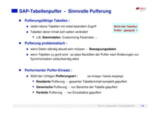 Prof. Dr. H.Neuendorf - Technologie SAP 113
SAP-Tabellenpuffer - Sinnvolle Pufferung
Pufferungsfähige Tabellen :
relativ kleine Tabellen mit meist lesendem Zugriff
Tabellen deren Inhalt sich selten verändert
z.B. Stammdaten, Customizing Parameter ...
Pufferung problematisch :
wenn Daten ständig aktuell sein müssen - Beweguungsdaten
wenn Tabellen zu groß sind - so dass Neufüllen der Puffer nach Änderungen zur
Synchronisation zeitaufwendig wäre
Performanter Puffer-Einsatz :
Wahl der richtigen Pufferungsart : bei Anlegen Tabelle festgelegt
Residente Pufferung - gesamter Tabelleninhalt komplett gepuffert
Generische Pufferung - nur Bereiche der Tabelle gepuffert
Partielle Pufferung - nur Einzelsätze gepuffert
Nicht alle Tabellen
Puffer - geeignet !
 