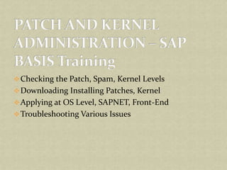 Checking the Patch, Spam, Kernel Levels
Downloading Installing Patches, Kernel
Applying at OS Level, SAPNET, Front-End
Troubleshooting Various Issues
 