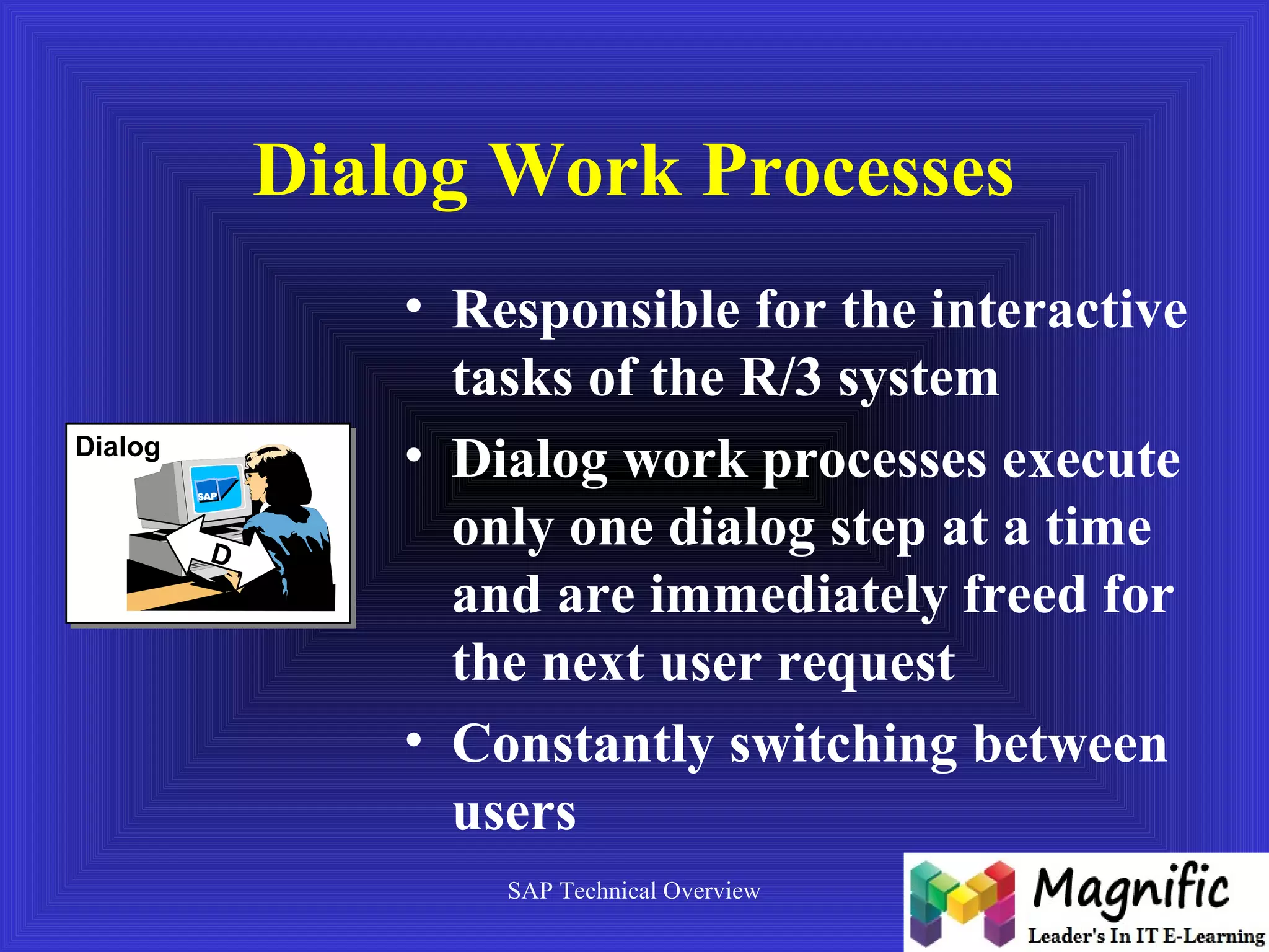 Dialog Work Processes 
SAP Technical Overview 
Dialog 
D 
• Responsible for the interactive 
tasks of the R/3 system 
• Dialog work processes execute 
only one dialog step at a time 
and are immediately freed for 
the next user request 
• Constantly switching between 
users 
 