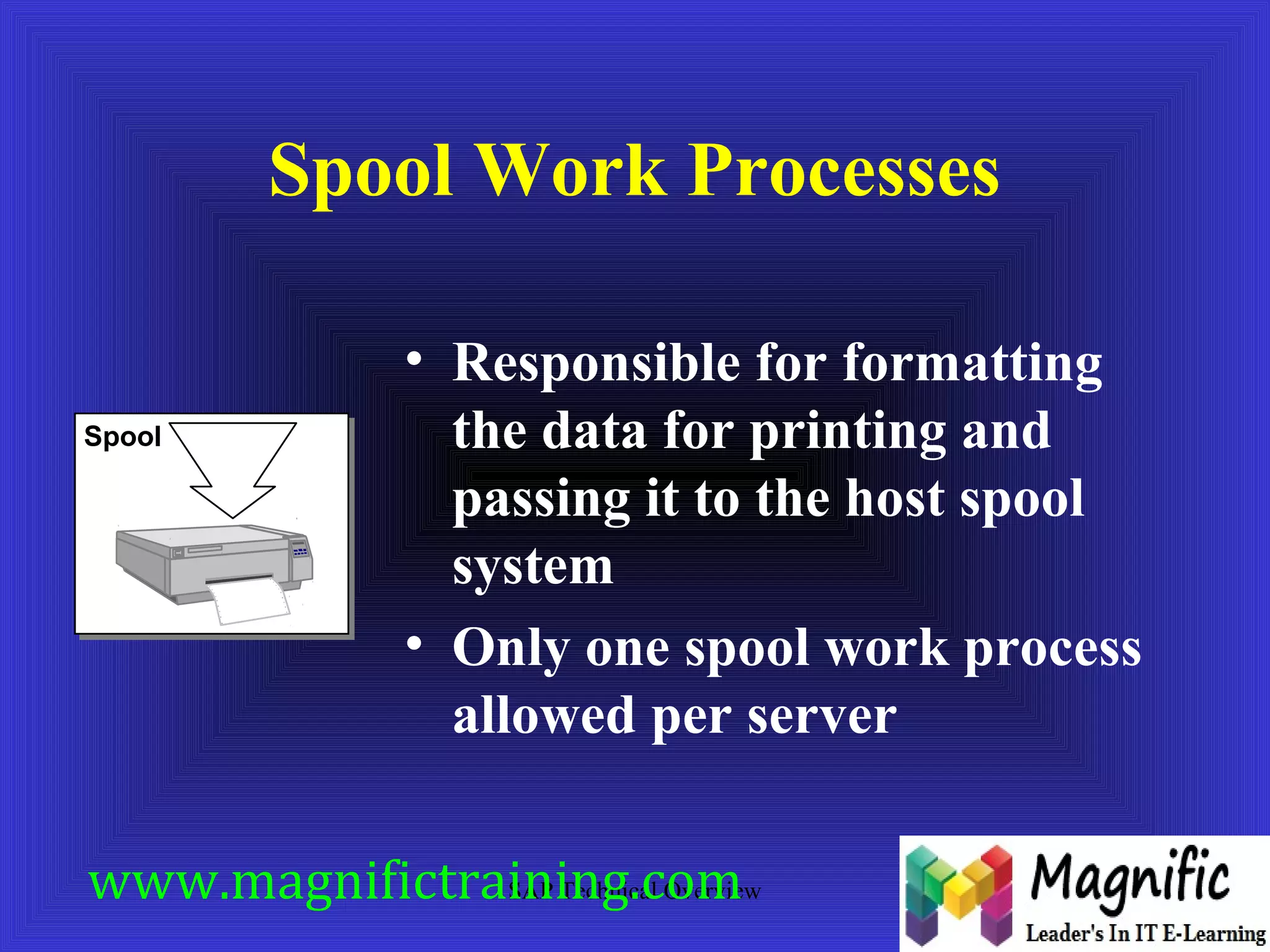 Spool Work Processes 
• Responsible for formatting 
the data for printing and 
passing it to the host spool 
system 
• Only one spool work process 
allowed per server 
SAP Technical Overview 
Spool 
www.magnifictraining.com 
 