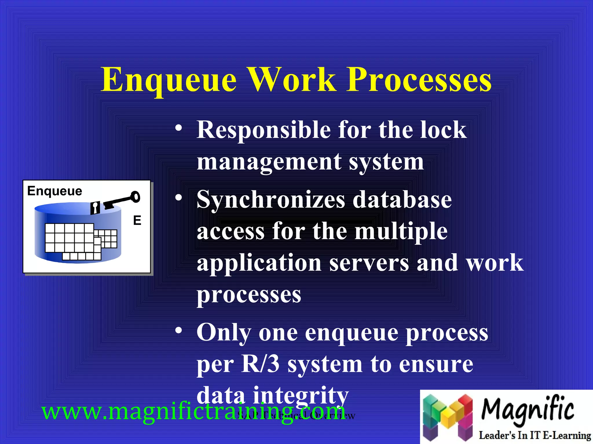 Enqueue Work Processes 
• Responsible for the lock 
management system 
• Synchronizes database 
access for the multiple 
application servers and work 
processes 
• Only one enqueue process 
per R/3 system to ensure 
data integrity 
SAP Technical Overview 
Enqueue 
E 
www.magnifictraining.com 
 