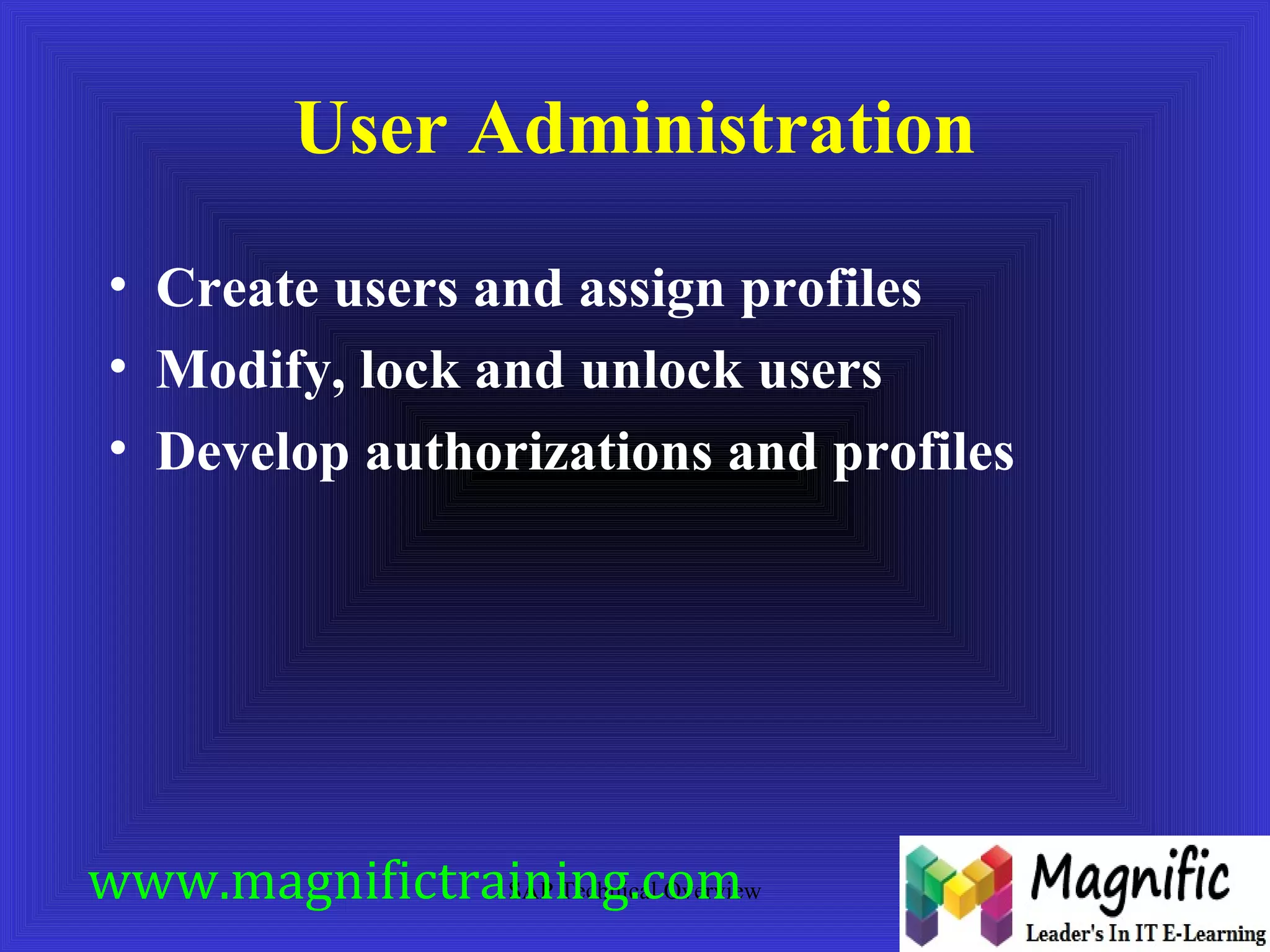 User Administration 
• Create users and assign profiles 
• Modify, lock and unlock users 
• Develop authorizations and profiles 
www.magnifictraining.com 
SAP Technical Overview 
 
