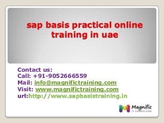 sap basis practical online
training in uae
Contact us:
Call: +91-9052666559
Mail: info@magnifictraining.com
Visit: www.magnifictraining.com
url:http://www.sapbasistraining.in
 