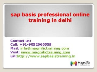 sap basis professional online
training in delhi
Contact us:
Call: +91-9052666559
Mail: info@magnifictraining.com
Visit: www.magnifictraining.com
url:http://www.sapbasistraining.in
 