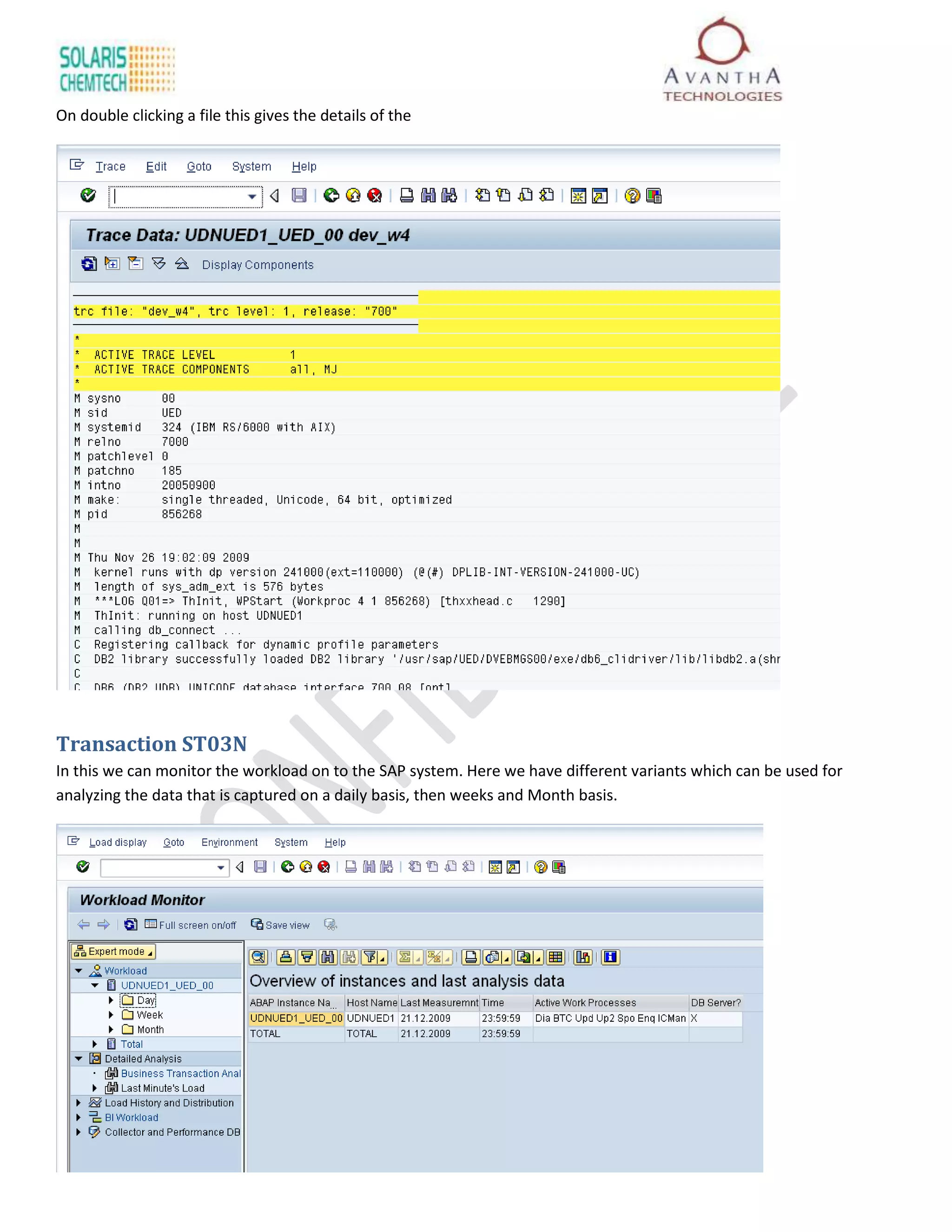 On double clicking a file this gives the details of the




Transaction ST03N
In this we can monitor the workload on to the SAP system. Here we have different variants which can be used for
analyzing the data that is captured on a daily basis, then weeks and Month basis.
 