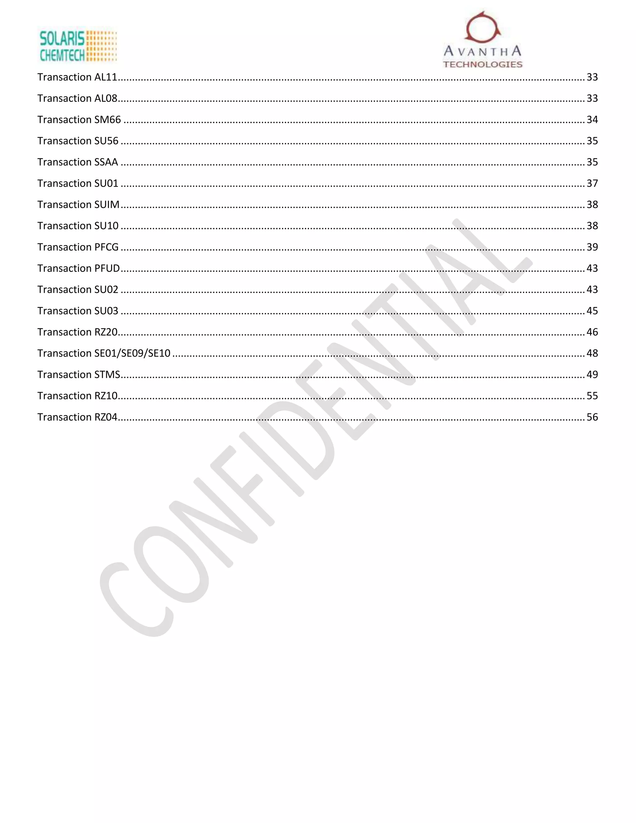 Transaction AL11................................................................................................................................................................... 33
Transaction AL08................................................................................................................................................................... 33
Transaction SM66 ................................................................................................................................................................. 34
Transaction SU56 .................................................................................................................................................................. 35
Transaction SSAA .................................................................................................................................................................. 35
Transaction SU01 .................................................................................................................................................................. 37
Transaction SUIM .................................................................................................................................................................. 38
Transaction SU10 .................................................................................................................................................................. 38
Transaction PFCG .................................................................................................................................................................. 39
Transaction PFUD .................................................................................................................................................................. 43
Transaction SU02 .................................................................................................................................................................. 43
Transaction SU03 .................................................................................................................................................................. 45
Transaction RZ20................................................................................................................................................................... 46
Transaction SE01/SE09/SE10 ................................................................................................................................................ 48
Transaction STMS.................................................................................................................................................................. 49
Transaction RZ10................................................................................................................................................................... 55
Transaction RZ04................................................................................................................................................................... 56
 