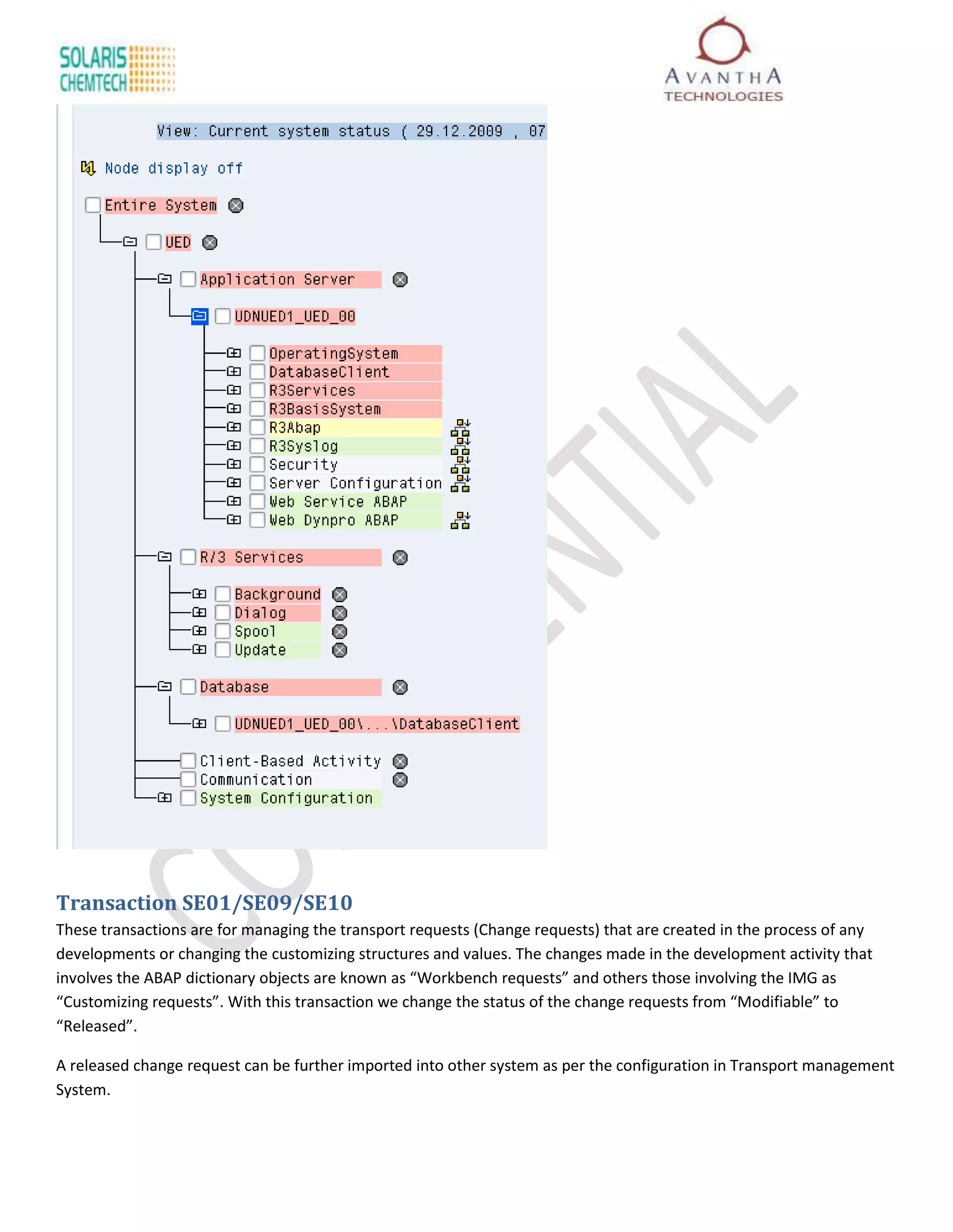 Transaction SE01/SE09/SE10
These transactions are for managing the transport requests (Change requests) that are created in the process of any
developments or changing the customizing structures and values. The changes made in the development activity that
involves the ABAP dictionary objects are known as “Workbench requests” and others those involving the IMG as
“Customizing requests”. With this transaction we change the status of the change requests from “Modifiable” to
“Released”.

A released change request can be further imported into other system as per the configuration in Transport management
System.
 