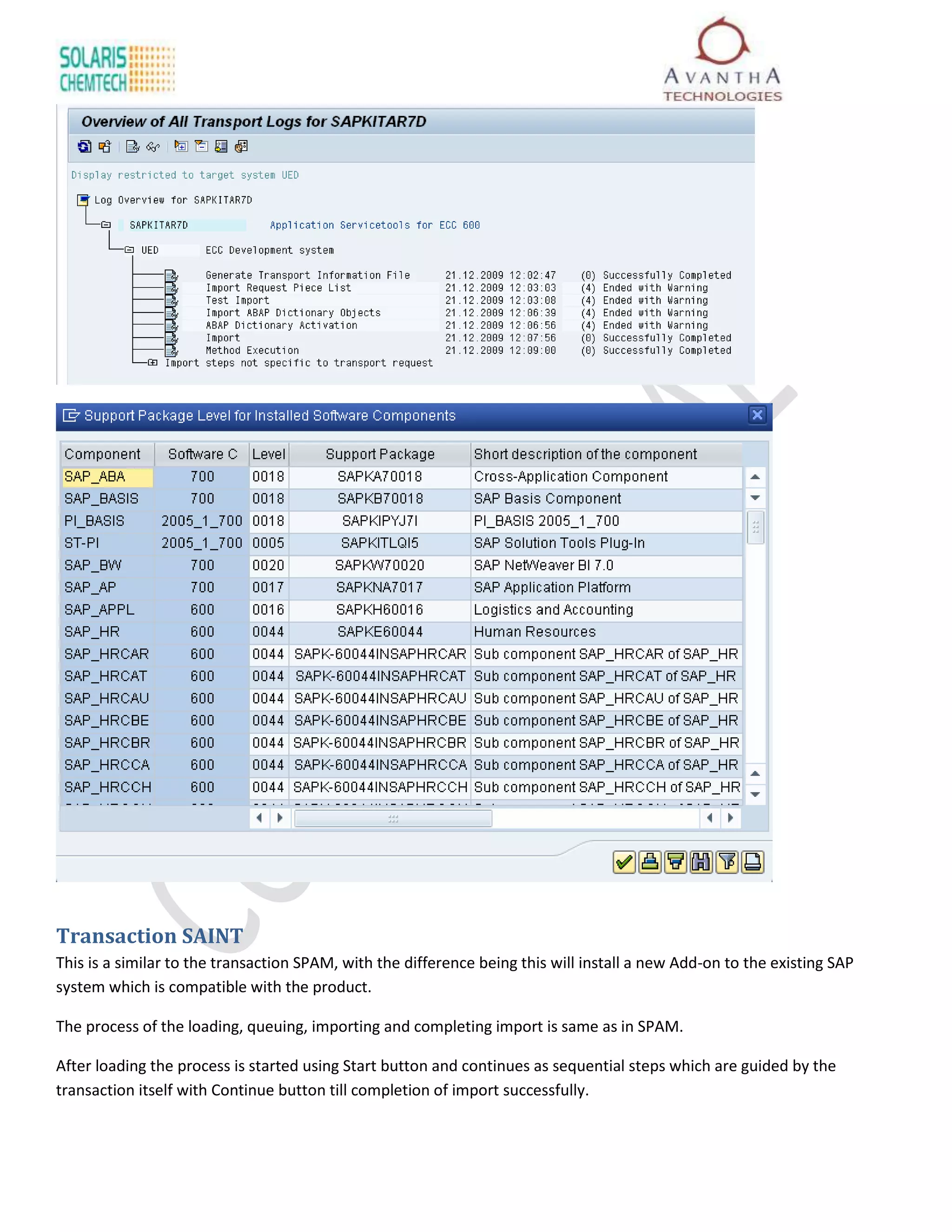 Transaction SAINT
This is a similar to the transaction SPAM, with the difference being this will install a new Add-on to the existing SAP
system which is compatible with the product.

The process of the loading, queuing, importing and completing import is same as in SPAM.

After loading the process is started using Start button and continues as sequential steps which are guided by the
transaction itself with Continue button till completion of import successfully.
 