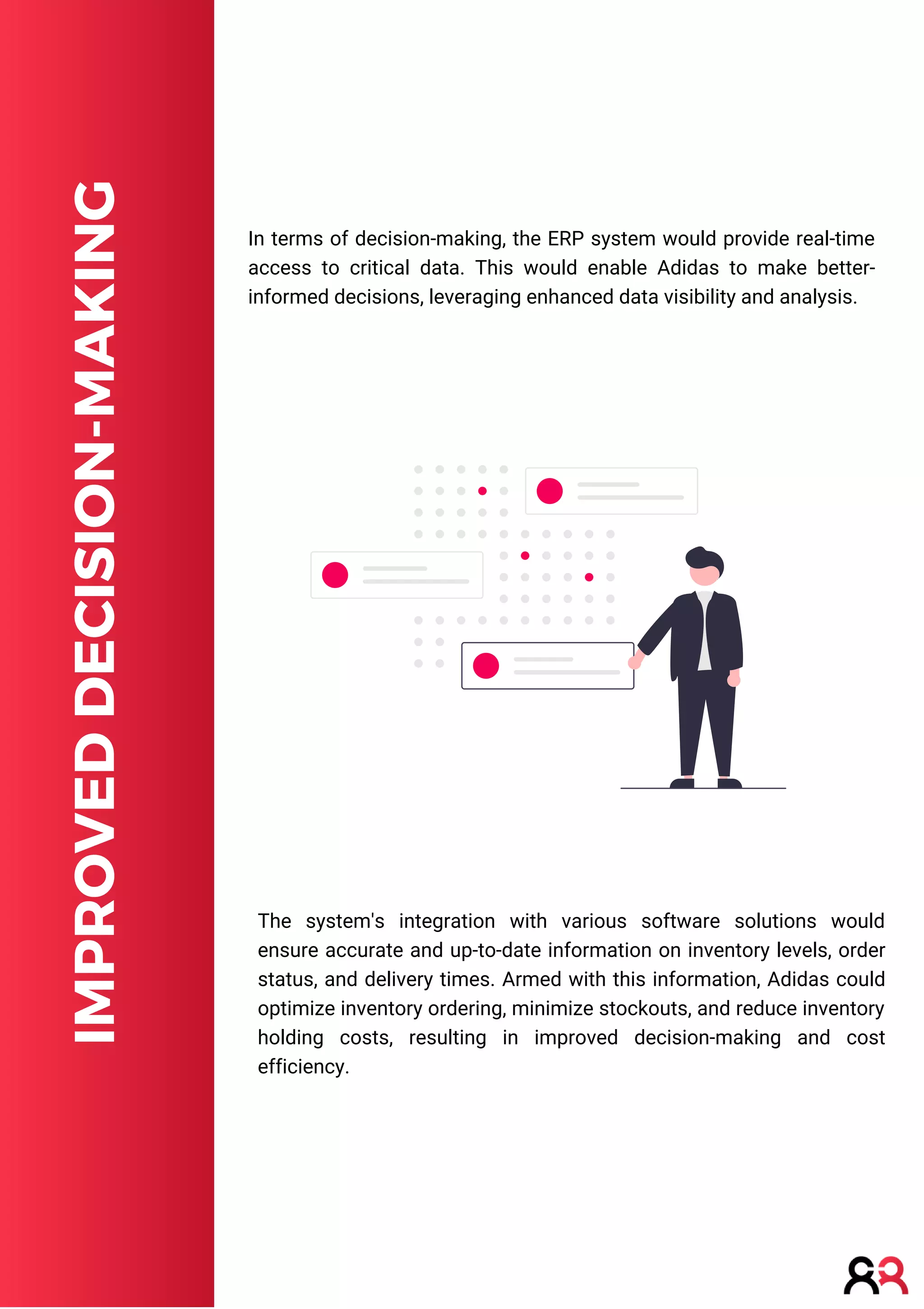 IMPROVED
DECISION-MAKING
The system's integration with various software solutions would
ensure accurate and up-to-date information on inventory levels, order
status, and delivery times. Armed with this information, Adidas could
optimize inventory ordering, minimize stockouts, and reduce inventory
holding costs, resulting in improved decision-making and cost
efficiency.
In terms of decision-making, the ERP system would provide real-time
access to critical data. This would enable Adidas to make better-
informed decisions, leveraging enhanced data visibility and analysis.
 