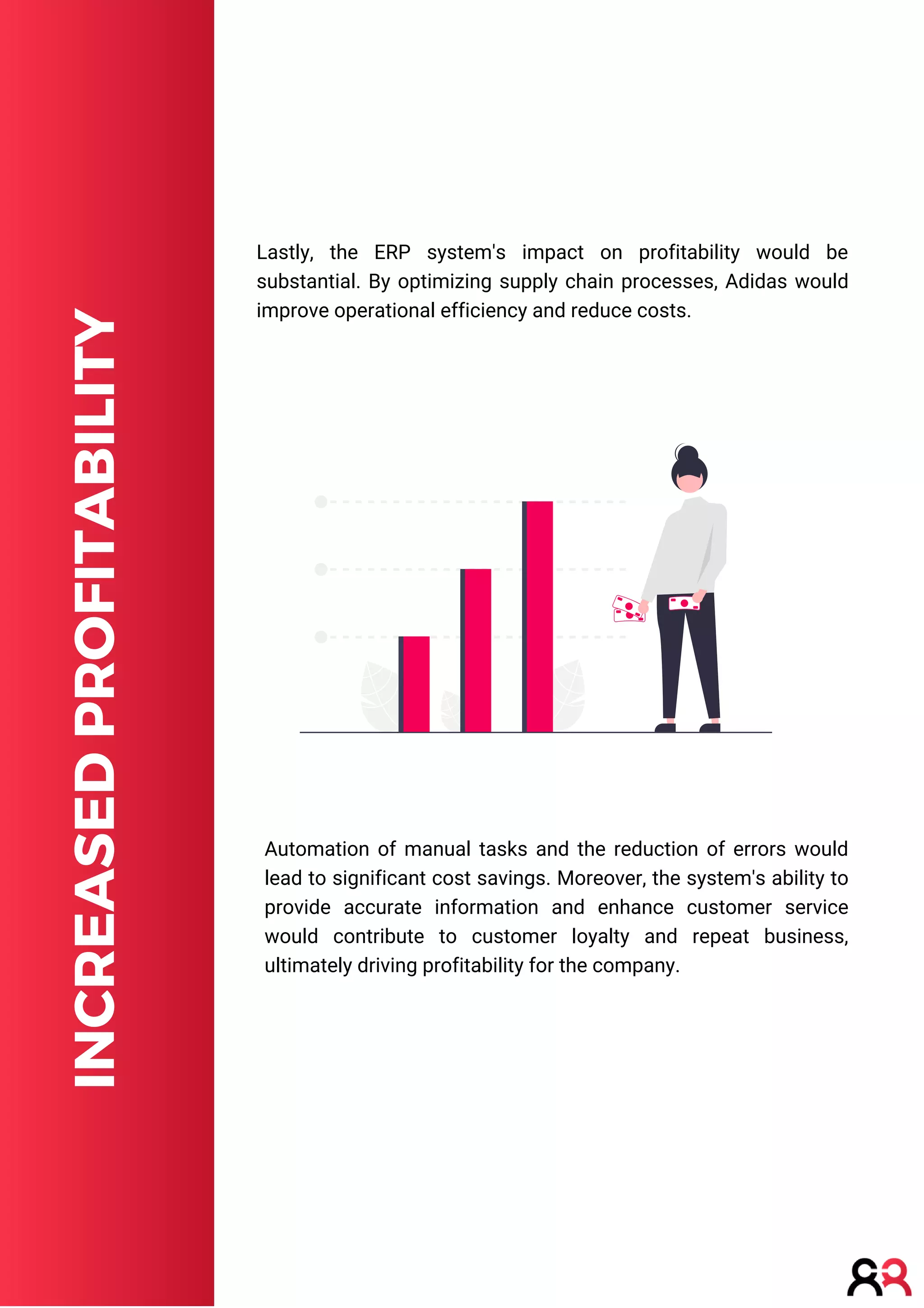INCREASED
PROFITABILITY
Automation of manual tasks and the reduction of errors would
lead to significant cost savings. Moreover, the system's ability to
provide accurate information and enhance customer service
would contribute to customer loyalty and repeat business,
ultimately driving profitability for the company.
Lastly, the ERP system's impact on profitability would be
substantial. By optimizing supply chain processes, Adidas would
improve operational efficiency and reduce costs.
 