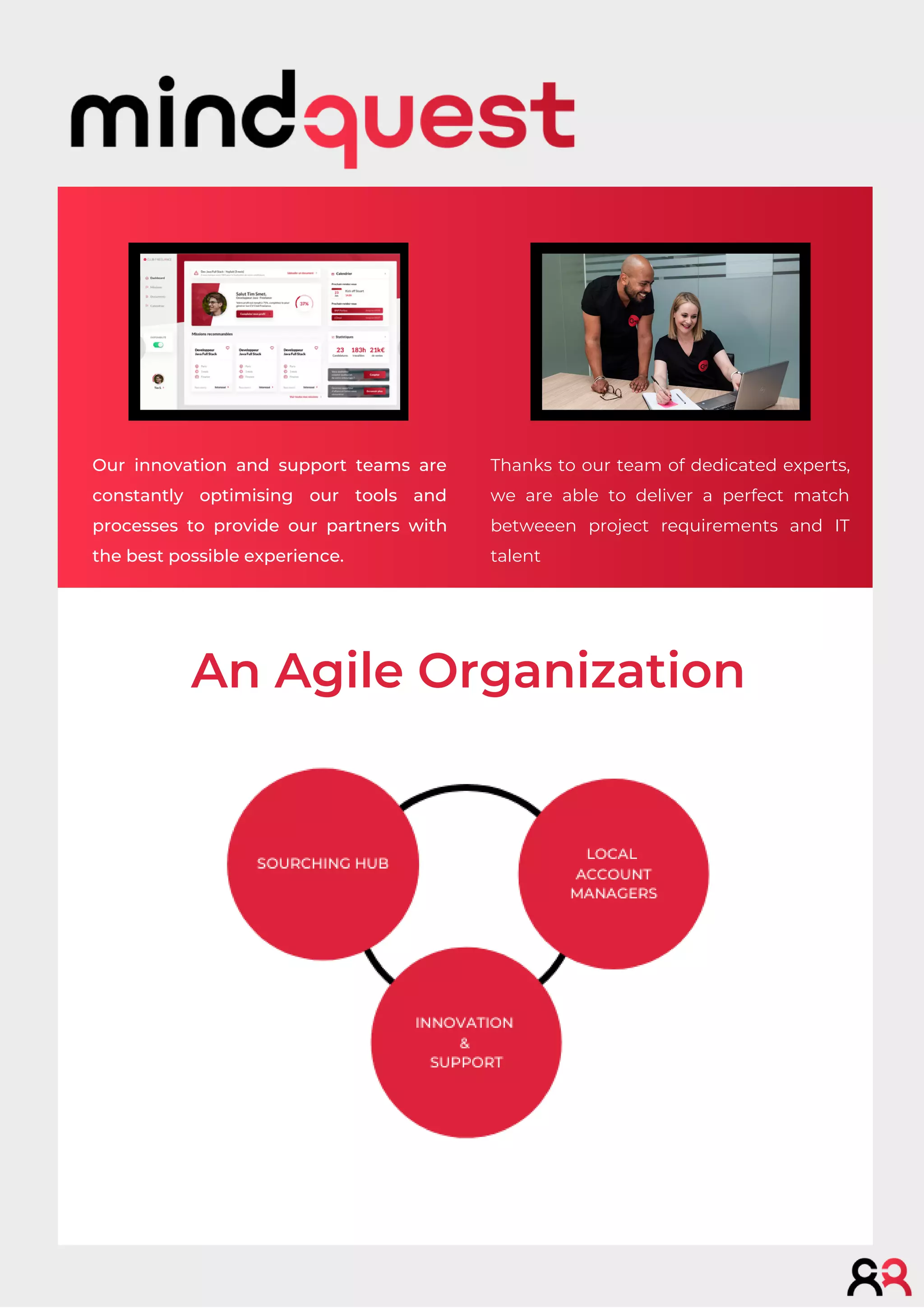 Thanks to our team of dedicated experts,
we are able to deliver a perfect match
betweeen project requirements and IT
talent
Our innovation and support teams are
constantly optimising our tools and
processes to provide our partners with
the best possible experience.
An Agile Organization
 