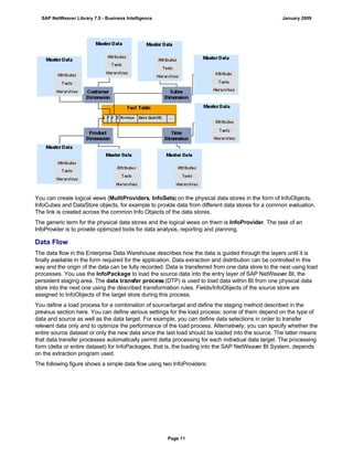 You can create logical views (MultiProviders, InfoSets) on the physical data stores in the form of InfoObjects,
InfoCubes and DataStore objects, for example to provide data from different data stores for a common evaluation.
The link is created across the common Info Objects of the data stores.
The generic term for the physical data stores and the logical views on them is InfoProvider. The task of an
InfoProvider is to provide optimized tools for data analysis, reporting and planning.
Data Flow
The data flow in the Enterprise Data Warehouse describes how the data is guided through the layers until it is
finally available in the form required for the application. Data extraction and distribution can be controlled in this
way and the origin of the data can be fully recorded. Data is transferred from one data store to the next using load
processes. You use the InfoPackage to load the source data into the entry layer of SAP NetWeaver BI, the
persistent staging area. The data transfer process (DTP) is used to load data within BI from one physical data
store into the next one using the described transformation rules. Fields/InfoObjects of the source store are
assigned to InfoObjects of the target store during this process.
You define a load process for a combination of source/target and define the staging method described in the
previous section here. You can define various settings for the load process; some of them depend on the type of
data and source as well as the data target. For example, you can define data selections in order to transfer
relevant data only and to optimize the performance of the load process. Alternatively, you can specify whether the
entire source dataset or only the new data since the last load should be loaded into the source. The latter means
that data transfer processes automatically permit delta processing for each individual data target. The processing
form (delta or entire dataset) for InfoPackages, that is, the loading into the SAP NetWeaver BI System, depends
on the extraction program used.
The following figure shows a simple data flow using two InfoProviders:
SAP NetWeaver Library 7.0 - Business Intelligence January 2009
Page 11
 