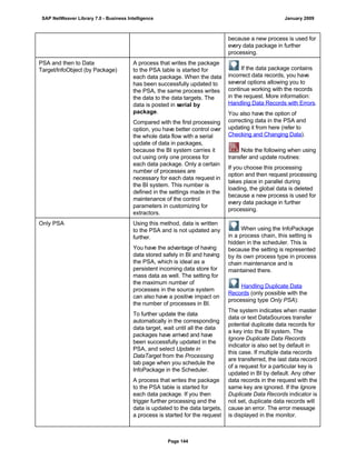 because a new process is used for
every data package in further
processing.
PSA and then to Data
Target/InfoObject (by Package)
A process that writes the package
to the PSA table is started for
each data package. When the data
has been successfully updated to
the PSA, the same process writes
the data to the data targets. The
data is posted in serial by
package.
Compared with the first processing
option, you have better control over
the whole data flow with a serial
update of data in packages,
because the BI system carries it
out using only one process for
each data package. Only a certain
number of processes are
necessary for each data request in
the BI system. This number is
defined in the settings made in the
maintenance of the control
parameters in customizing for
extractors.
If the data package contains
incorrect data records, you have
several options allowing you to
continue working with the records
in the request. More information:
Handling Data Records with Errors.
You also have the option of
correcting data in the PSA and
updating it from here (refer to
Checking and Changing Data).
Note the following when using
transfer and update routines:
If you choose this processing
option and then request processing
takes place in parallel during
loading, the global data is deleted
because a new process is used for
every data package in further
processing.
Only PSA Using this method, data is written
to the PSA and is not updated any
further.
You have the advantage of having
data stored safely in BI and having
the PSA, which is ideal as a
persistent incoming data store for
mass data as well. The setting for
the maximum number of
processes in the source system
can also have a positive impact on
the number of processes in BI.
To further update the data
automatically in the corresponding
data target, wait until all the data
packages have arrived and have
been successfully updated in the
PSA, and select Update in
DataTarget from the Processing
tab page when you schedule the
InfoPackage in the Scheduler.
A process that writes the package
to the PSA table is started for
each data package. If you then
trigger further processing and the
data is updated to the data targets,
a process is started for the request
When using the InfoPackage
in a process chain, this setting is
hidden in the scheduler. This is
because the setting is represented
by its own process type in process
chain maintenance and is
maintained there.
Handling Duplicate Data
Records (only possible with the
processing type Only PSA):
The system indicates when master
data or text DataSources transfer
potential duplicate data records for
a key into the BI system. The
Ignore Duplicate Data Records
indicator is also set by default in
this case. If multiple data records
are transferred, the last data record
of a request for a particular key is
updated in BI by default. Any other
data records in the request with the
same key are ignored. If the Ignore
Duplicate Data Records indicator is
not set, duplicate data records will
cause an error. The error message
is displayed in the monitor.
SAP NetWeaver Library 7.0 - Business Intelligence January 2009
Page 144
 