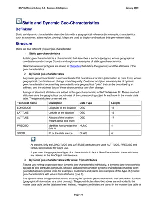 Static and Dynamic Geo-Characteristics
Definition
Static and dynamic characteristics describe data with a geographical reference (for example, characteristics
such as customer, sales region, country). Maps are used to display and evaluate this geo-relevant data.
Structure
There are four different types of geo-characteristic:
. . .
1. Static geo-characteristics
A static geo-characteristic is a characteristic that describes a surface (polygon), whose geographical
coordinates rarely change. Country and region are examples of static geo-characteristics.
Data from areas or polygons are stored in Shapefiles that define the geometry and the attributes of the
geo-characteristics.
2. Dynamic geo-characteristics
A dynamic geo-characteristic is a characteristic that describes a location (information in point form), whose
geographical coordinates can change more frequently. Customer and plant are examples of dynamic
geo-characteristics because they are rooted to one geographical “point” that can be described by an
address, and the address data of these characteristics can often change.
A range of standard attributes are added to this geo-characteristic in SAP NetWeaver BI. These standard
attributes store the geographical coordinates of the corresponding object for each row in the master data
table. The geo-attributes concerned are:
Technical Name Description Data Type Length
LONGITUDE Longitude of the location DEC 15
LATITUDE Latitude of the location DEC 15
ALTITUDE Altitude of the location
(height above sea level)
DEC 17
PRECISID Identifies how precise the
data is
NUMC 4
SRCID ID for the data source CHAR 4
At present, only the LONGITUDE and LATITUDE attributes are used. ALTITUDE, PRECISID and
SRCID are reserved for future use.
If you reset the geographical type of a characteristic to Not a Geo-Characteristic, these attributes
are deleted in the InfoObject maintenance.
3. Dynamic geo-characteristics with values from attributes
To save you having to geocode each dynamic geo-characteristic individually, a dynamic geo-characteristic
can get its geo-attributes (longitude, latitude, altitude) from another dynamic characteristic that has been
geocoded already (postal code, for example). Customers and plants are examples of this type of dynamic
geo-characteristics with values from attributes (type 3).
The system treats this geo-characteristic as a regular dynamic geo-characteristic that describes a location
(geographical information as a point on map). The geo-attributes described above are not added to the
master data table on the database level. Instead, the geo-coordinates are stored in the master data table of
SAP NetWeaver Library 7.0 - Business Intelligence January 2009
Page 170
 