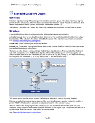 Standard DataStore Object
Definition
DataStore object consisting of three transparent, flat tables (activation queue, active data and change log) that
permits detailed data storage. When the data is activated in the DataStore object, the delta is determined. This
delta is used when the data is updated in connected InfoProviders from the DSO.
The standard DataStore object is filled with data during the extraction and loading process in the BI system.
Structure
A standard DataStore object is represented on the database by three transparent tables:
Activation queue: Used to save DataStore object data records that need to be updated, but that have not yet
been activated. After activation, this data is deleted if all requests in the activation queue have been activated.
See: Example of Activating and Updating Data.
Active data: A table containing the active data (A table).
Change log: Contains the change history for the delta update from the DataStore object into other data targets,
such as DataStore objects or InfoCubes.
The tables of active data are built according to the DataStore object definition. This means that key fields and
data fields are specified when the DataStore object is defined. The activation queue and the change log are
almost identical in structure: the activation queue has an SID as its key, the package ID and the record number;
the change log has the request ID as its key, the package ID, and the record number.
This graphic shows how the various tables of the DataStore object work together during the data load.
Data can be loaded from several source systems at the same time because a queuing mechanism enables a
parallel INSERT. The key allows records to be labeled consistently in the activation queue.
The data arrives in the change log from the activation queue and is written to the table for active data upon
activation. During activation, the requests are sorted according to their logical keys. This ensures that the data is
updated to the table of active data in the correct request sequence.
See: Example of Activating and Updating Data.
SAP NetWeaver Library 7.0 - Business Intelligence January 2009
Page 283
 