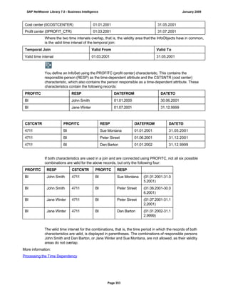 Cost center (0COSTCENTER) 01.01.2001 31.05.2001
Profit center (0PROFIT_CTR) 01.03.2001 31.07.2001
Where the two time intervals overlap, that is, the validity area that the InfoObjects have in common,
is the valid time interval of the temporal join:
Temporal Join Valid From Valid To
Valid time interval 01.03.2001 31.05.2001
You define an InfoSet using the PROFITC (profit center) characteristic. This contains the
responsible person (RESP) as the time-dependent attribute and the CSTSNTR (cost center)
characteristic, which also contains the person responsible as a time-dependent attribute. These
characteristics contain the following records:
PROFITC RESP DATEFROM DATETO
BI John Smith 01.01.2000 30.06.2001
BI Jane Winter 01.07.2001 31.12.9999
CSTCNTR PROFITC RESP DATEFROM DATETO
4711 BI Sue Montana 01.01.2001 31.05.2001
4711 BI Peter Street 01.06.2001 31.12.2001
4711 BI Dan Barton 01.01.2002 31.12.9999
If both characteristics are used in a join and are connected using PROFITC, not all six possible
combinations are valid for the above records, but only the following four:
PROFITC RESP CSTCNTR PROFITC RESP
BI John Smith 4711 BI Sue Montana (01.01.2001-31.0
5.2001)
BI John Smith 4711 BI Peter Street (01.06.2001-30.0
6.2001)
BI Jane Winter 4711 BI Peter Street (01.07.2001-31.1
2.2001)
BI Jane Winter 4711 BI Dan Barton (01.01.2002-31.1
2.9999)
The valid time interval for the combinations, that is, the time period in which the records of both
characteristics are valid, is displayed in parentheses. The combinations of responsible persons
John Smith and Dan Barton, or Jane Winter and Sue Montana, are not allowed, as their validity
areas do not overlap.
More information:
Processing the Time Dependency
SAP NetWeaver Library 7.0 - Business Intelligence January 2009
Page 353
 