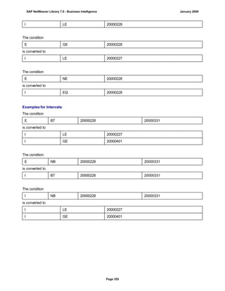 I LE 20000228
The condition
E GE 20000228
is converted to
I LE 20000227
The condition
E NE 20000228
is converted to
I EQ 20000228
Examples for Intervals:
The condition
E BT 20000228 20000331
is converted to
I LE 20000227
I GE 20000401
The condition
E NB 20000228 20000331
is converted to
I BT 20000228 20000331
The condition
I NB 20000228 20000331
is converted to
I LE 20000227
I GE 20000401
SAP NetWeaver Library 7.0 - Business Intelligence January 2009
Page 355
 