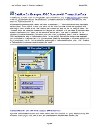 Dataflow 3.x Example: JDBC Source with Transaction Data
In the following example, we are assuming that the prerequisites for the use of an SAP RemoteCube are fulfilled.
In this way, you can define a query with direct access to the transaction data in the UD Connect source. The
data is not physically stored in BI.
A database management system (DBMS) with tables is used as the UD Connect source and views are used as
the UD Connect source objects. In order to be able to use this source you have to install the appropriate JDBC
driver for your DBMS provider on the J2EE Engine of the SAP Web AS. After that you can configure the BI JDBC
Connector, that is, the connection between the J2EE Engine and the DBMS. In BI, you create an InfoSource with
flexible update based on InfoObjects that are compatible with the view or table fields of the DBMS. For this
InfoSource, you generate a generic DataSource for access to data in the DBMS. Select a table or a view for the
DBMS and assign the fields to the DataSource fields. You use an SAP RemoteCube (that you have generated
from the InfoSource) to define a query in BI. You can use the data in the table or view for immediate analysis; you
do not have to load it into BI. You can use all the analysis tools of the Business Explorer (query in BEx Analyzer
or Web application), or you can run an analysis in the portal.
Inversion of transfer rules with direct access via SAP RemoteCube
If you have established transfer rules, they will be inverted at the value selection in a query. When accessing data
in the data source (in your case, table or view), the system reverses the order of the transfer rules.
SAP NetWeaver Library 7.0 - Business Intelligence January 2009
Page 500
 